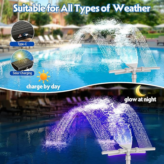Mooroer Solar Pool Fountain with 9-Color LED Lights, Dual-Head Adjustable Waterfall Sprinkler, Cools Water 10-20°F, Remote Control & Light Sensor for Above/Inground Pools, Relaxation & Party Decor