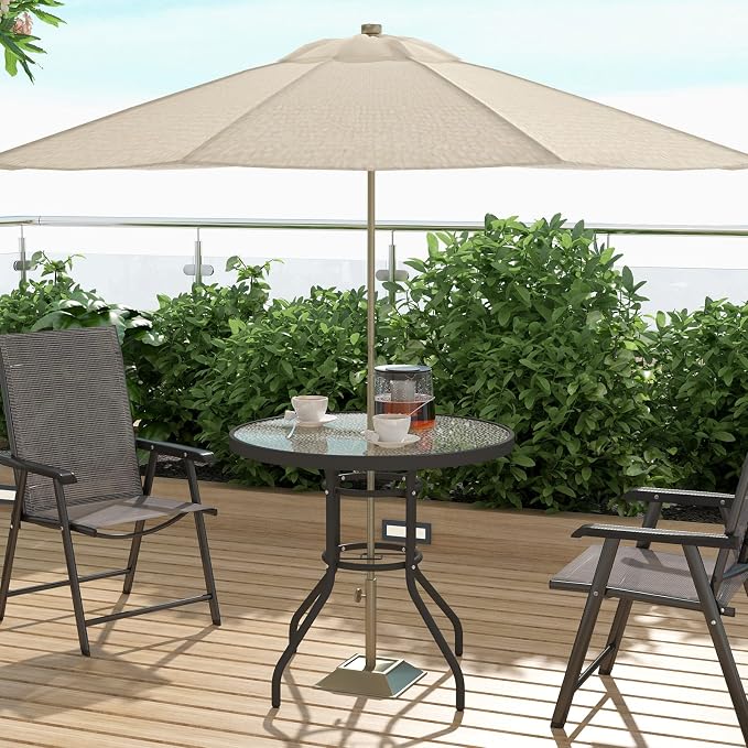 soges 31.5in Outdoor Patio Bistro Coffee Tea Table, Round Tempered Glass Steel Frame Dining Table with Umbrella Hole, All Weather Outside Desk for Garden Lawn Balcony Backyard, Black 30LHYW-OT05BK80