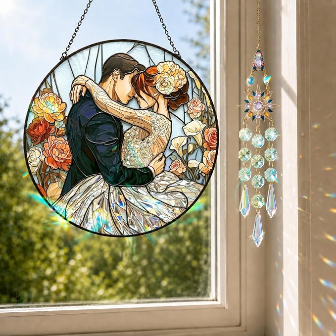 Deluxe Bundle | Stained Glass Window Hanging, Love Heart 3D Embossed Diamond Glass Suncatcher, 7-Piece Romantic Gift Set with Crystal Pendant & Invisible Hooks