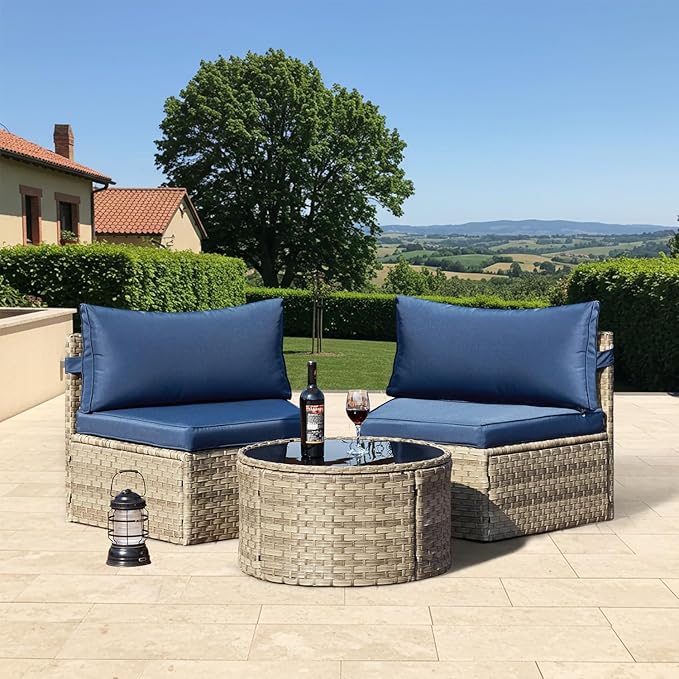 ECOTOUGE Curved Outdoor Sectional Sofa, 3 Piece Half-Moon Rattan Patio Furniture Set, Wicker Conversation Sets with Tempered Glass Round Coffee Table for Pool Backyard Patio Garden(Blue)