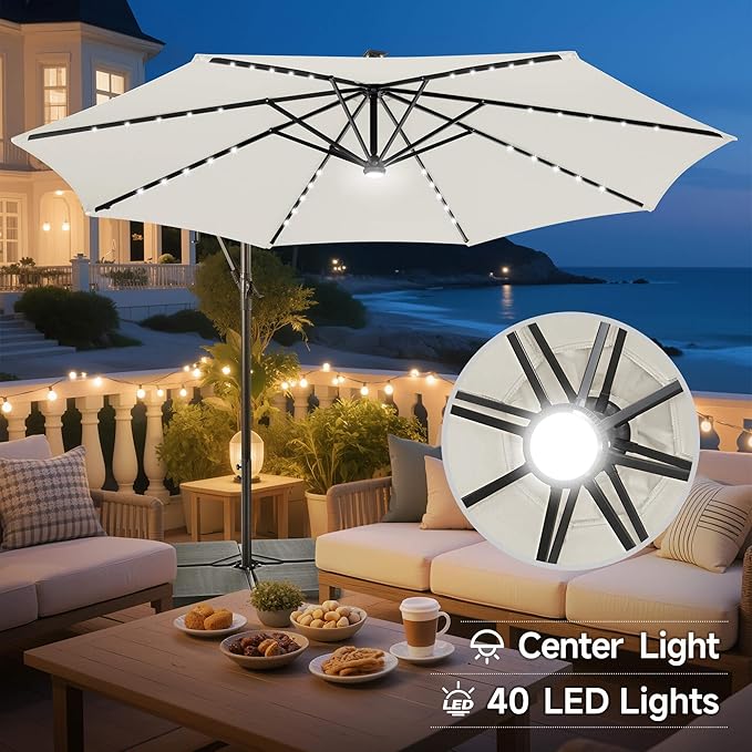 FLAME&SHADE 10ft Solar Cantilever Umbrella with 40 LED Lights, Lighted Large Offset Outdoor Patio Umbrellas, 8 Sturdy Ribs, UPF50+ UV Protection for Pool Deck Garden Yard, Ivory