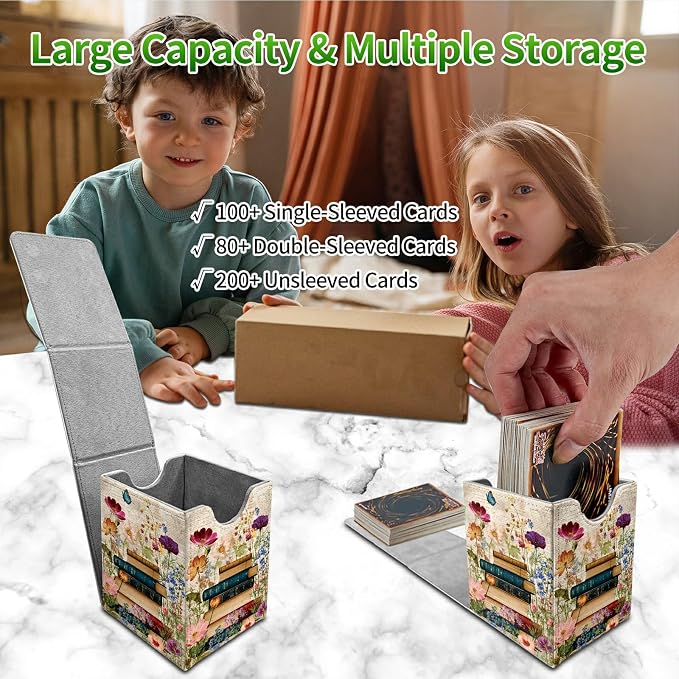 Vintage Flower Books Card Deck Box for MTG, Personalized Card Storage Case Fits 120+ Sleeved Cards, Premium Leather TCG Box with Strong Magnetic Closure for Magic, CCG, PTCG, Baseball Cards