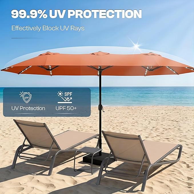 15FT Large Outdoor Patio Umbrella with Solar Lights and Base, Double-Sided Table Umbrellas with 48 LED Lights, Rectangle Market Umbrella for Pool, Deck, Backyard