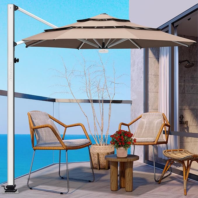 EliteShade USA APOLLO 3-Tier 11FT Full Aluminum Cantilever Patio Umbrella for Outdoor restaurant Garden Courtyard Deck Pool and Marketing with Light,Heather Beige