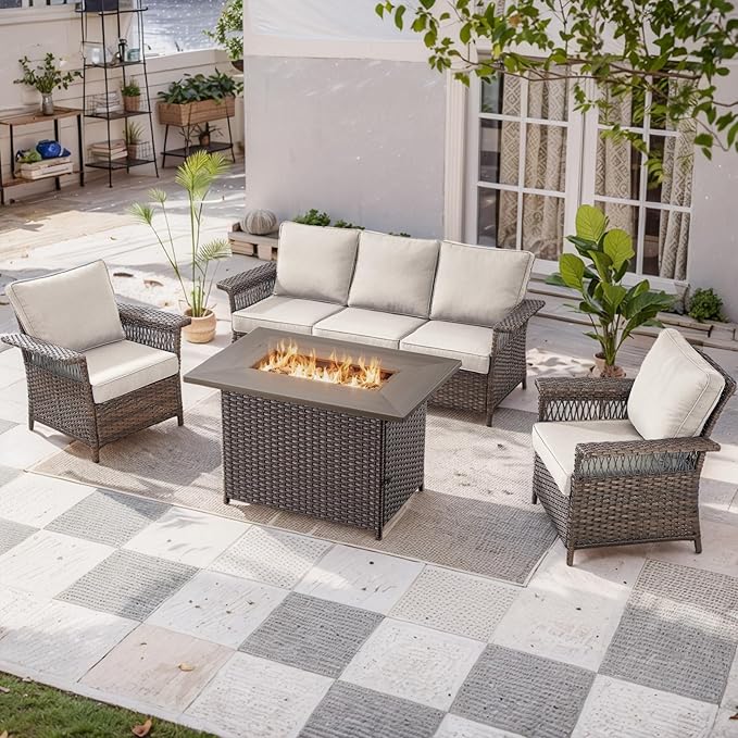 Patio Furniture Set with Fire Pit Table, 4PCS Conversation Set Brown Resin Wicker Chair and Sofa with 41in Rectangular Firepit Table PE Rattan Furniture Set