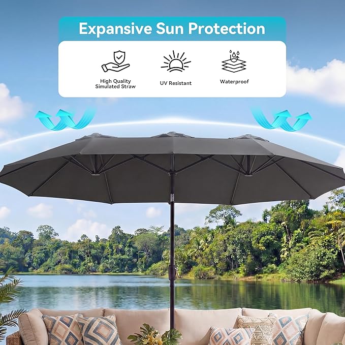 COSIEST 15FT Patio Umbrella with Base Included, Outdoor Double-Sided Table Umbrella,Large Rectangular Market Umbrella w Crank Handle for Garden, Pool, Deck Shade, Dark Gray