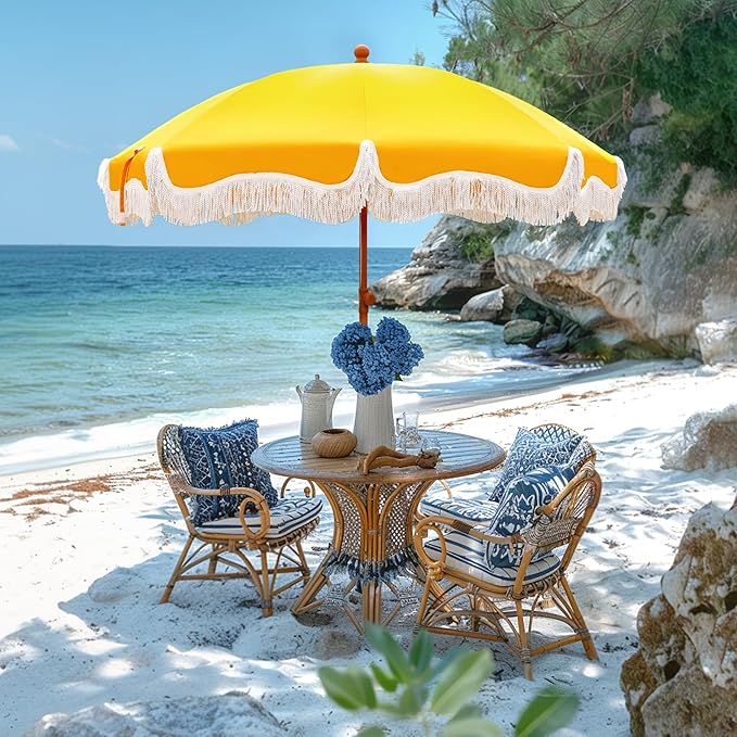 Sophia & William 7ft Outdoor Beach Umbrellas with Fringe, Portable Tilt Umbrellas for Sand, Patio, Lawn, Garden, Pool, Outing, Balcony