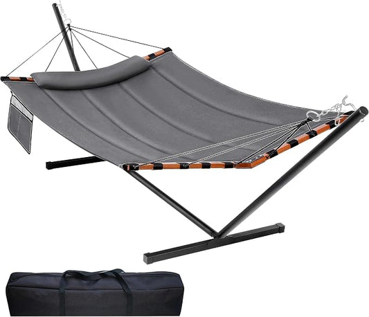 TegerDeger 12FT 2 Person Hammock with Stand Included 55 x 79IN Large Hammock 450LB Capacity with Hardwood Spreader Bar & Nylon Rope for Outside, Patio, Garden, Backyard, Beach - Deep Gray