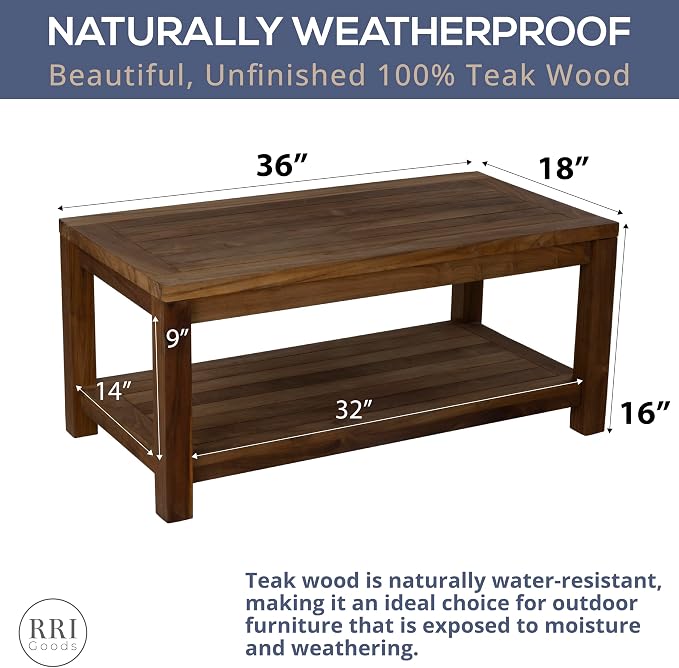 Teak Wood Coffee Table with Storage - Teak Oil Finished Indoor & Outdoor Furniture for Deck, Porch, Balcony, Living Room, Bedroom & Backyard (36" D x 18" W x 16" H)
