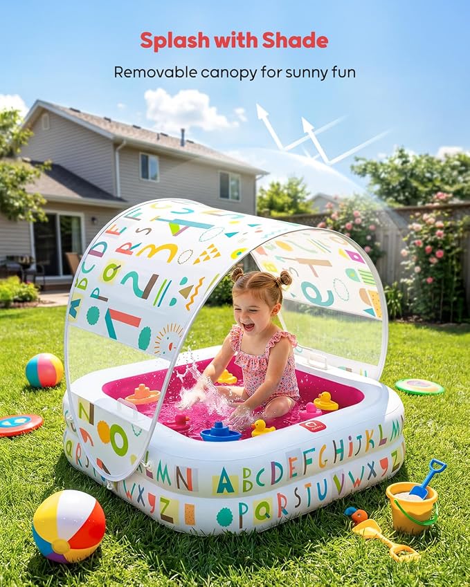 QPAU Baby Pool with Detachable Canopy for Sun Protection, 35" x 10" Portable Inflatable Kids Pool with Padded Bottom, Kiddie Pool & Ball Pit with Handles for Backyard and Indoor, Ages 1-3 (Pink)