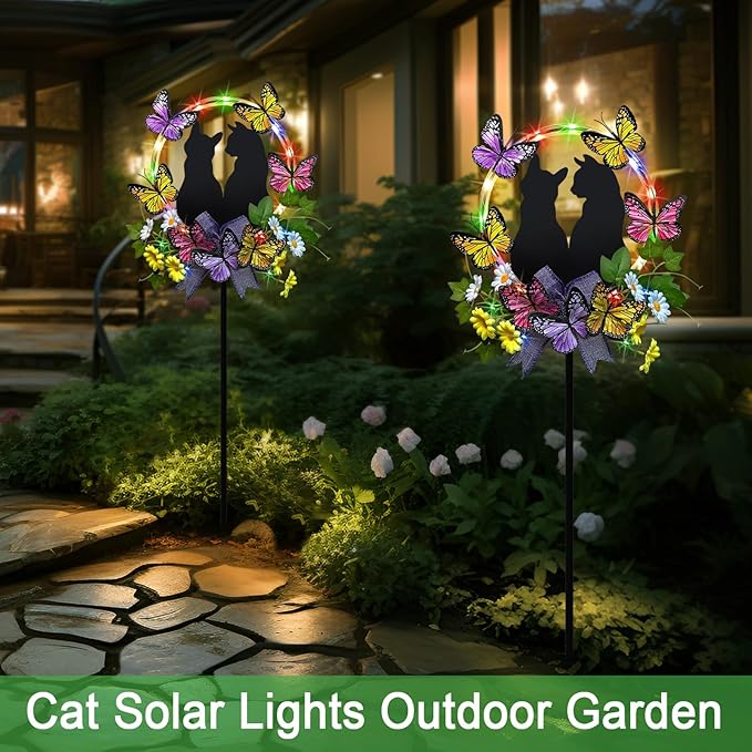 Cat Solar Lights Outdoor Garden,Colorful LED Light with Black Cat Decorations and Butterfly Flowers Yard Stakes for Pathway,Lawn,Patio,Gifts for Women