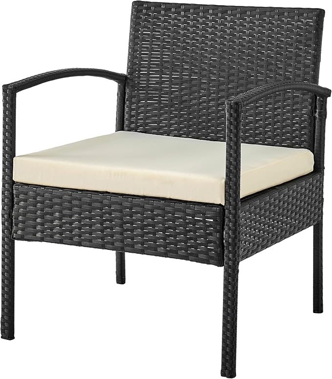Manhattan Comfort Noli 3-Piece Patio Conversation Set, Outdoor Furniture Made of Steel Rattan | Includes 2 Modern Armchairs, Tempered Glass End Table, Removable Waterproof Cushions, Cream