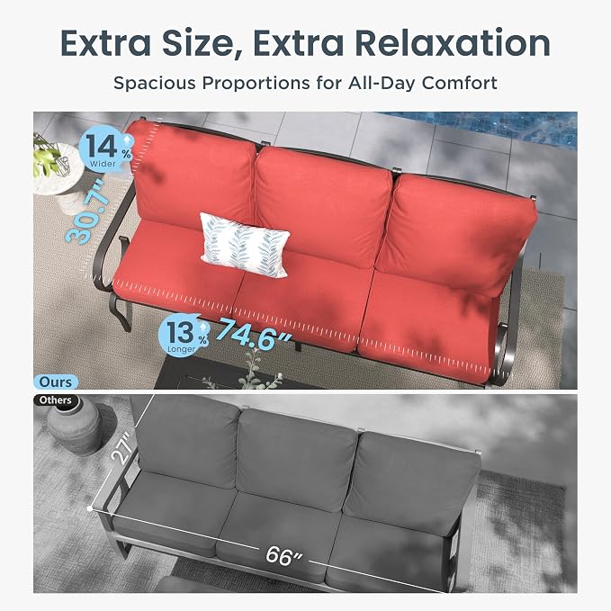 PHI VILLA Patio Furniture Set, a Loveseat, 3-Seater Sofa, 2 Fixed Chairs, and a Coffee Table, Outdoor Metal Conversation Set with 5.75" Extra Thick Cushion for Garden Backyard Deck, Red