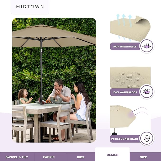 Midtown Umbrellas – The Swilt 10 Ft Patio Umbrellas with 360° Swivel & Tilt Mechanism, 8 Fiberglass Ribs & Terylast Polyester Fabric for Backyard, Deck, Pool & Cafes - Chestnut Canopy, Black Pole