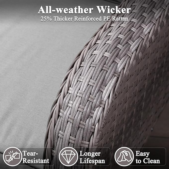 3 Piece Wicker Patio Furniture Set, Swivel Rocking Chairs with 4''Cushions, PE Rattan, Rust Resistant Frame, Double Layer Glass Side Table, for Backyard, Deck or Balcony, Grey