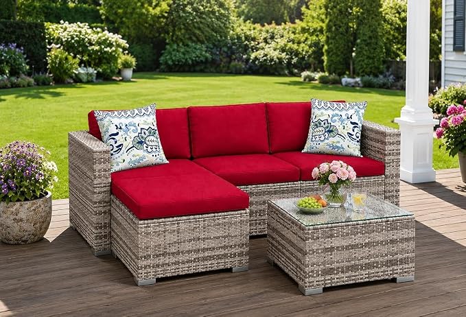 GarveeHome 5 Pieces Patio Sectional Furniture Set, All Weather Wicker Rattan Sectional Sofa, Patio Conversation Set with Cushions and Glass Coffee Table for Backyard Porch Garden Balcony, Red