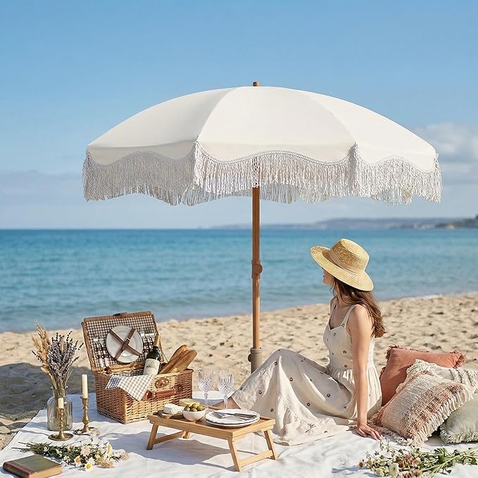 7ft Patio Umbrella with Fringe, Boho Beach Umbrellas, Outdoor Tassels Umbrellas with Push Button Tilt & Carrying Bag, 8 Windproof Fiberglass Ribs, UPF50+