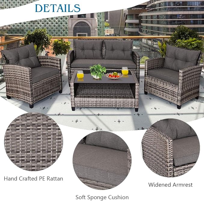 Tangkula 8 PCS Patio Wicker Conversation Furniture Set, Outdoor Rattan Sofa Set with Padded Cushion & Tempered Glass Coffee Table, Wicker Sectional Sofas & Table for Courtyard Balcony Garden (2, Grey)
