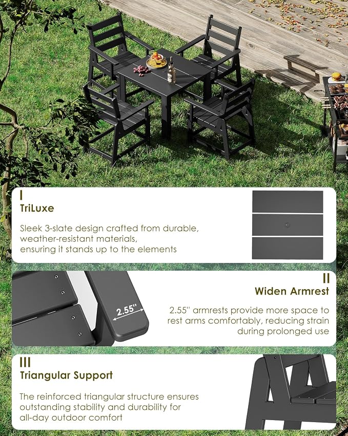 GREENVINES 5-Piece-Outdoor-Dining-Set | HDPE | Square | Patio Furniture | Table and Chairs Sets for 4 | All Weather | Removable Armrests | Umbrella Hole | for Backyard Poolside Garden | Black