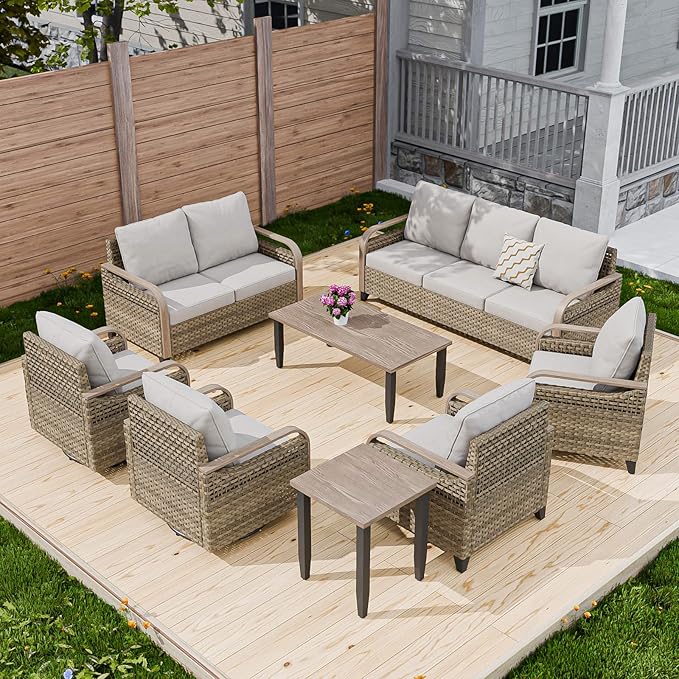COOS BAY Modern Wicker Outdoor Furniture Set, 8 Piece Patio Conversation Set with 2 Swivel Rockers, 2 Patio Chairs, a 3 Seat Couch, a Loveseat, Coffee Table and Side Table, 8 Piece, Brown/Gray