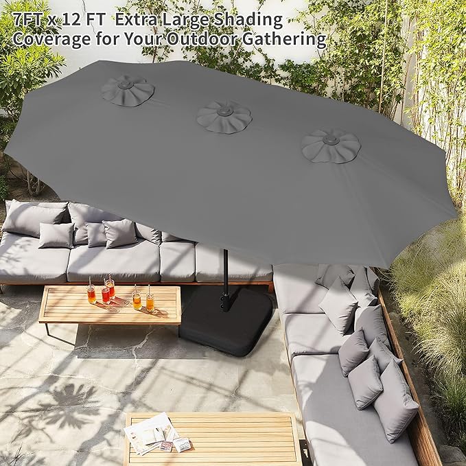 Shintenchi 13FT Large Patio Umbrella with Base Included, Outdoor Double-Sided Rectangular Shade with Crank Handle for Poolside Lawn, Deck & Garden, Gray