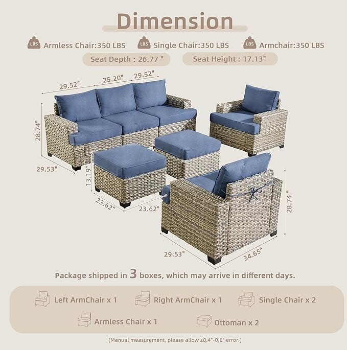 Patio Furniture Sets 7 Pieces Outdoor Sectional Rattan Sofa Manual Weaving Wicker Patio Conversation Set with Ottomans and T Cushion(Light Blue)