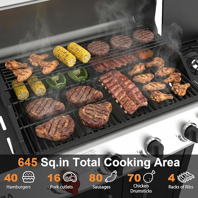 5 Burners Propane Gas Outdoor Grill 62000 BTU, 645 Sq.in, Side Burner, Porcelain-Enameled Grates, Stainless Steel Propane Grill Outdoor Cooking, Patio Garden Family Barbecues Party (5 Burners)
