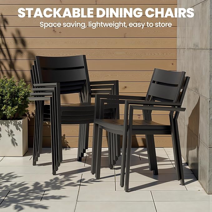 Aluminum Stackable Outdoor Dining Chairs Set of 2 | Modern Black Patio Armchair with Slat Back for Garden, Poolside, Backyard & Porch