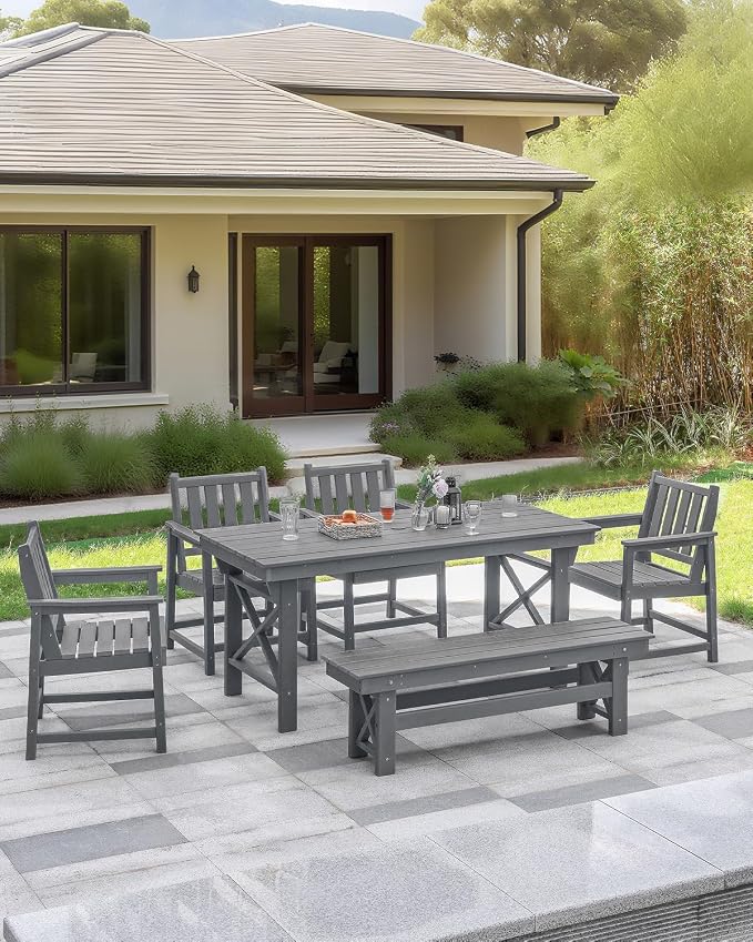 HDPE Outdoor Dining Set for 6, Patio Dining Furniture Set with Umbrella Hole Cut-Out Table and 1 Bench and 4 Chairs, All Weather Outdoor Dining Bench Sets, Gray
