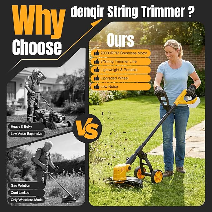 Cordless String Trimmer for Dewalt 20v Battery Powered(No Battery),3-in-1 Cordless Grass Trimmer Electric Weed Wacker Lawn Edger, Weed Eater Cordless Weed Trimmer with Wheel & 8 Spool (Yellow)