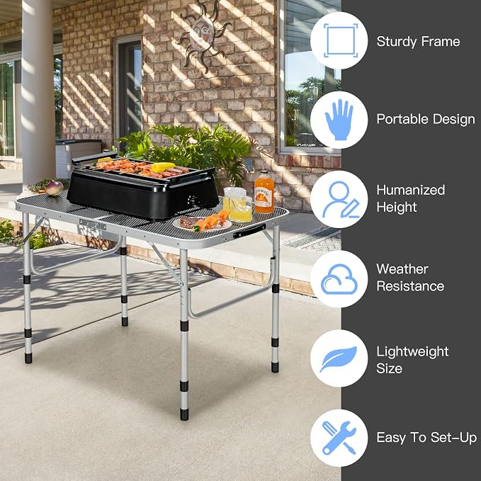 Giantex 3FT Portable Camping Table, Aluminum Picnic Table W/Iron Mesh Tabletop, 4 Adjustable Heights, Lightweight Folding Table for Outdoor Grill Cooking Picnic Camping Party BBQ