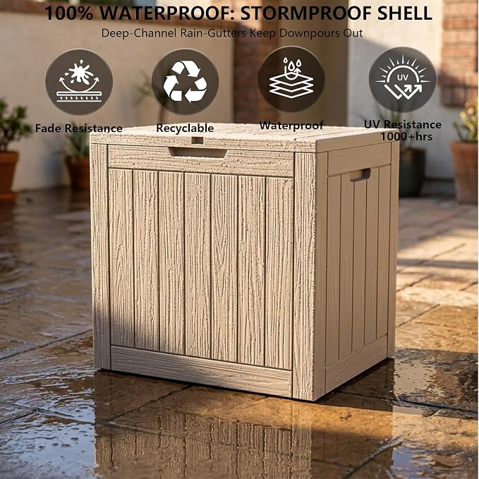 Outdoor Storage Box, 35 Gallon Waterproof Deck Box [Upgraded 3.0], Quick Snap-Lock Resin Cabinet for Seat Pillows, Patio Blankets, Lockable End Table Beverage Stand, Apartment Deck, Grey