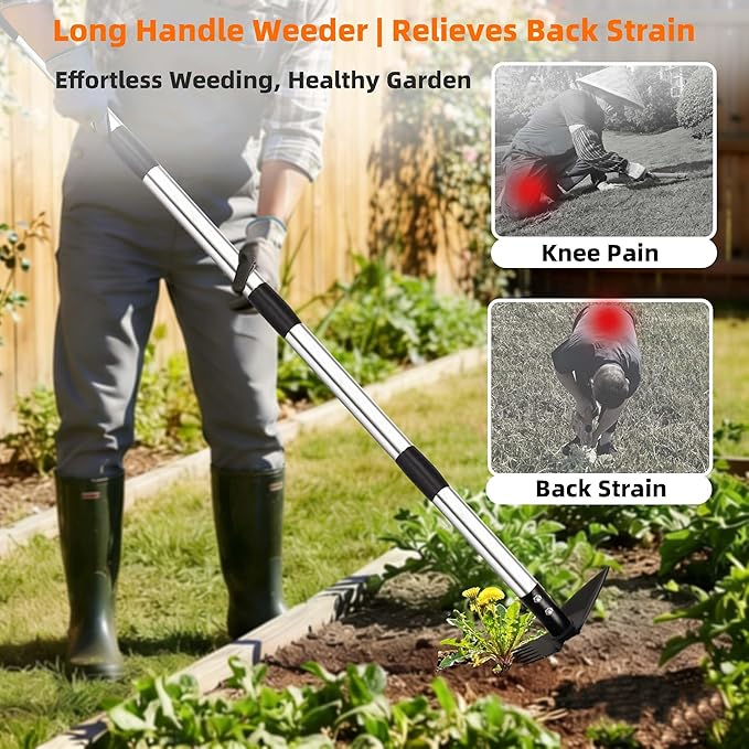 Weed Puller Tool with Long Handle, 62inch Efficient Weed Remover Tool, 2-in-1 Weed Rake and Hoe Garden Tool for Easy Weed Removal & Deeper Root Digging, Manual Weeder Tool for Yard Flower Bed