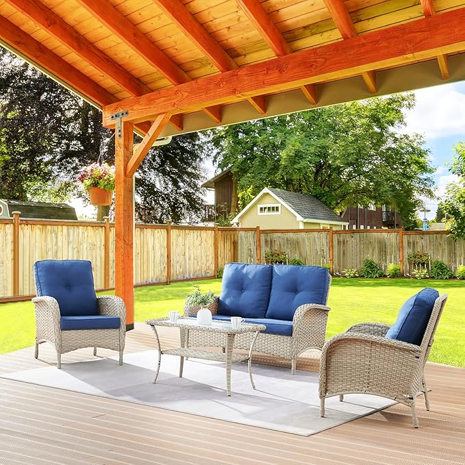 Belord 4 Pieces Patio Furniture Set for Porch Deck Balcony Outdoor, Wicker Chair Sectional Sofa Set, Outdoor Conversation Sets Include Chairs Loveseat Couch and Coffee Table