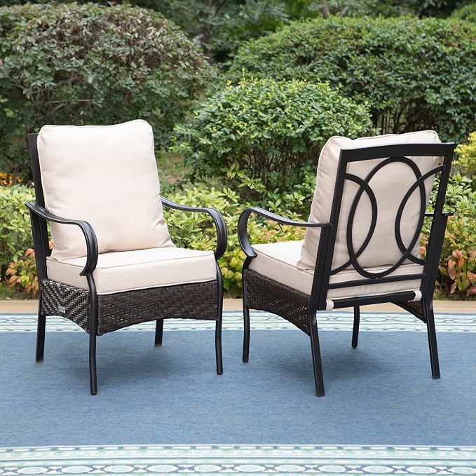 PHI VILLA Patio Dining Chairs Outdoor Wicker Chairs Set of 2 with Cushions | Heavy Duty Outdoor Metal Wicker Dining Chair with Padded Cushions, Large All Weather Wrought Iron Patio Chair for Balcony