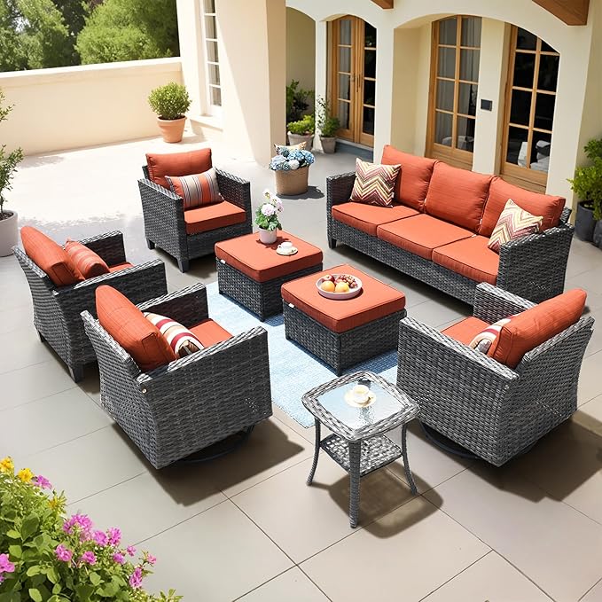 ovios 8 Pieces Patio Furniture Set, Outdoor Wicker Sofa Couch with Swivel Chairs, Rocking Glider Rocker with Comfy Cushions All Weather Rattan Conversation Set, Orange Red