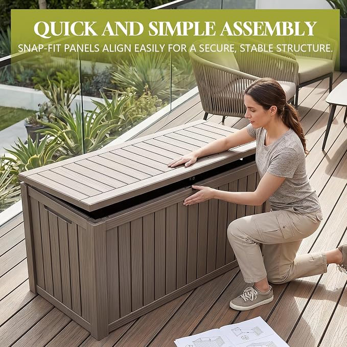 Waterproof Outdoor Storage Box Outside Deck Box Lockable Resin Bench UV Resistant Furniture Cushion Pool Tool Float Bin Patio Garden Porch (Grey, 150 Gallon)
