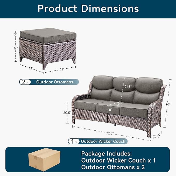 Luxury 3 Pieces Patio Furniture Sets-All Weather Wicker Rattan 3-Seat Sofa Set with Comfy 6" Cushion, Multifunctional Ottomans Patio Conversation Set for Deck Backyard Garden(Brown/Grey)