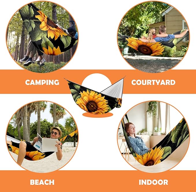 Hammock Double & Single Portable Hammocks with Storage Bag Travel Camping Beach Hiking Backpacking Patio Backyard-Indoor Outdoor Gear Sunflower (2)