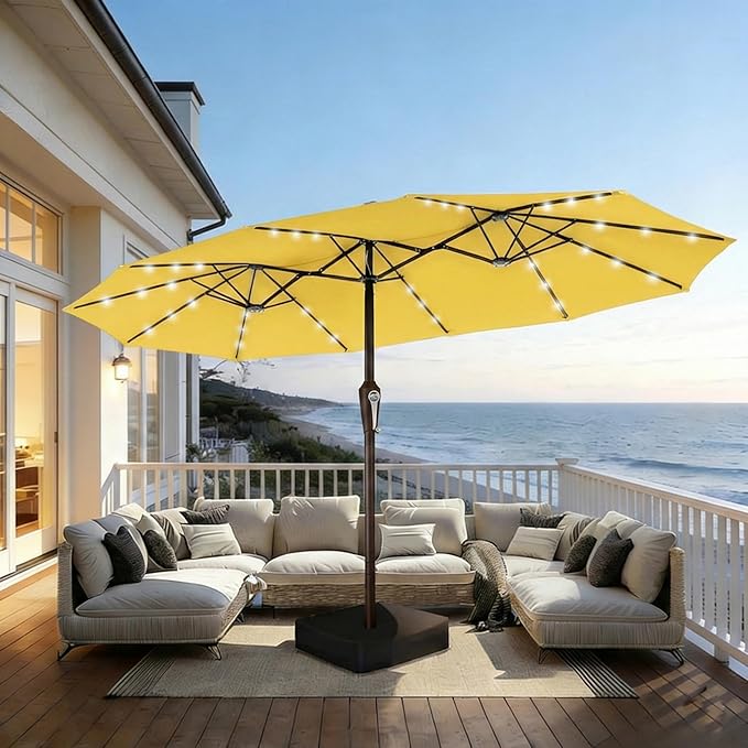 15FT Patio Umbrella with Solar Lights, Double-Sided Extra Large Outdoor Table Umbrella with Base Included, Heavy-Duty 12 Iron Ribs Market Umbrella for Garden, Pool, Backyard, Sunshine Yellow
