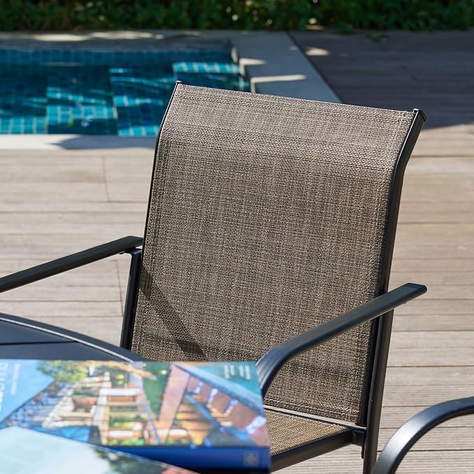 VICLLAX Round Outdoor Dining Set, Patio Table and Chairs Set Set of 6 Patio Stackable Chairs and 47" Outdoor Round Table with Umbrella Hole for Backyard Lawn Garden, Brown Chairs and Black Table