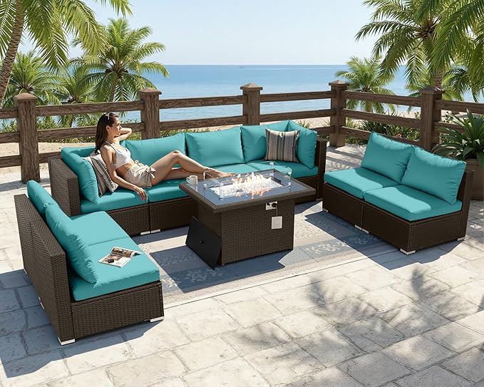 BULEXYARD 9 Piece High Back Outdoor Sectional Couch Set with Fire Pit, Elegant All-Weather Patio Furniture Set, Extra Large Size 8-Person Backyard Seating Group L-Shaped for Yard, Deck, Brown & Teal