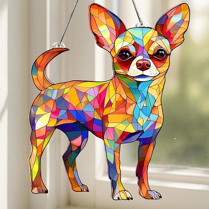 Chihuahua Gifts for Women, Colorful Chihuahua Ornament for Window Hanging | 5"x5.9" Acrylic Suncatcher Ornament Faux Stained Glass, Dog Lovers Gifts for Women, Dogs Christmas Ornaments for Tree Hanging
