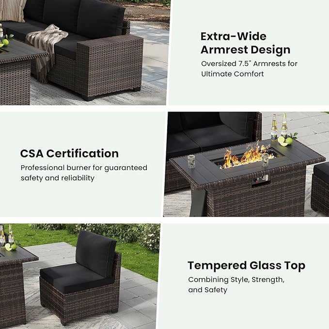 Soohow 7-Piece Patio Furniture Set with 44" Fire Pit Table, Outdoor Sectional Wicker Rattan Conversation Set for Garden, Porch, Backyard - Black Cushions