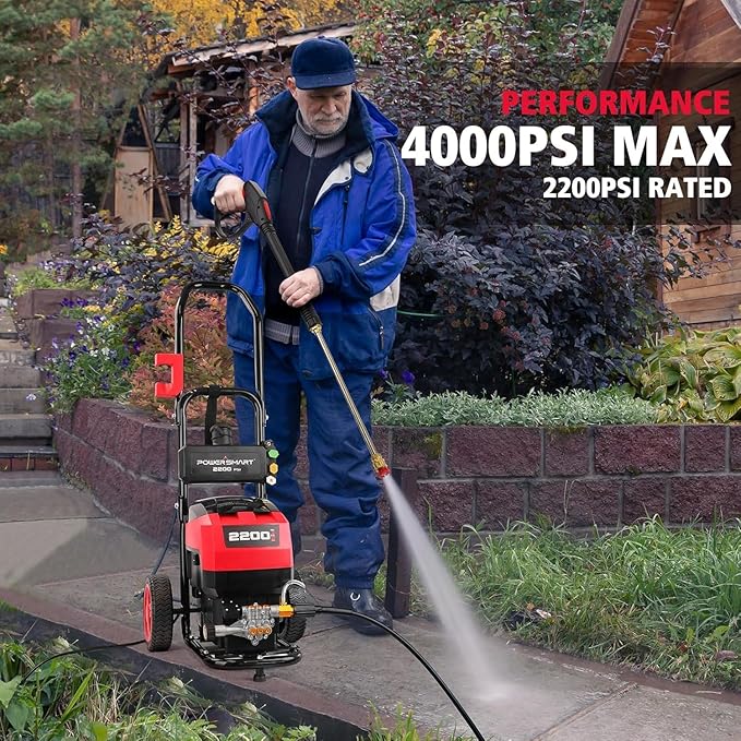 PowerSmart Electric Pressure Washer 2200 PSI 1.8 GPM 13Amp/1600W Motor with with 35FT Power Cord & 27FT Hose, Soap Tank,Spray Gun