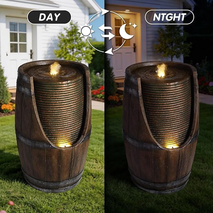 24.8'' Wooden Barrel Style Outdoor Water Fountain with LED Lights Resin Rustic Garden Waterfall Decor Farmhouse Garden Water Fountain for Patio Porch Yard