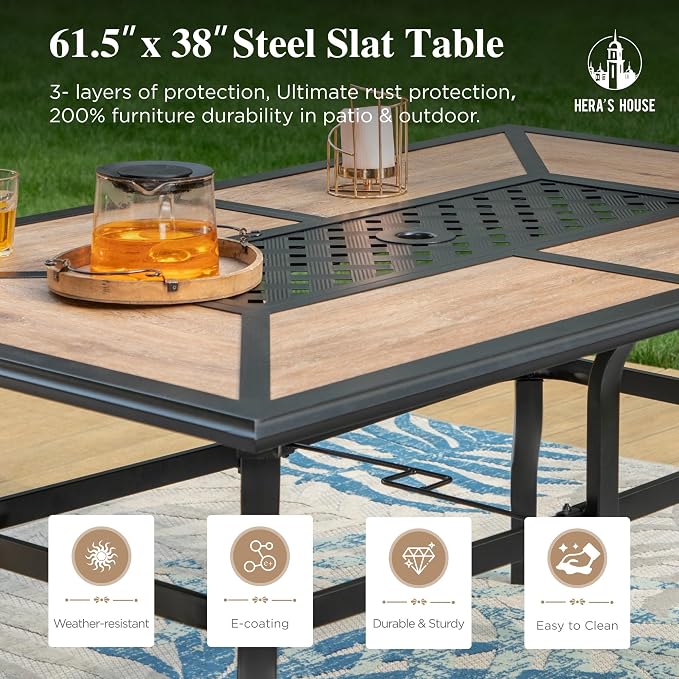 HERA'S HOUSE 7pc Patio Dining Set, Metal Table with PVC Top, Red Chairs | 61" rectangular table with umbrella hole, 6 textilene chairs. Waterproof, rust-resistant, all-weather for yard, porch