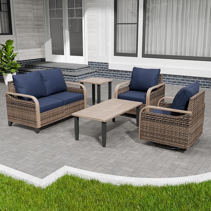 Modern Wicker Patio Furniture Set, Rattan Outdoor Conversation Set with Comfortable Cushions, 2 Swivel Rocing Chairs, 2 SeatLoveseat, Coffee Table and Side Table, 5 Pieces, Brown/Blue