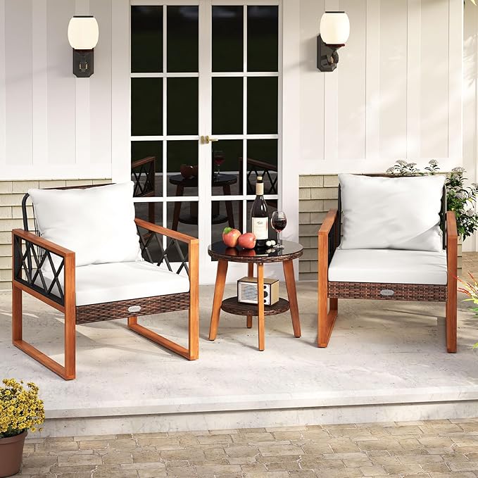 Tangkula 3 Pieces Patio Wicker Furniture Set with Acacia Wood Frame, Outdoor Conversation Cushioned Chairs and 2-Tier Tempered Glass Coffee Table for Porch, Balcony, Garden and Backyard (Off White)