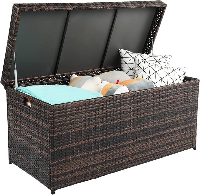 VINGLI Outdoor Wicker Storage Box, 132 Gallon Patio Rattan Deck Box, Wicker Storage Bench for Indoor & Outdoor Use